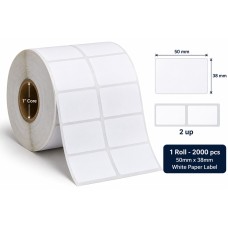 50mmX38mm White Paper Label, 1" Core, 1 Roll - 2000 pcs, 2 up 50mmX38mm White Paper Label, 1" Core, 1 Roll - 2000 pcs, 2 up