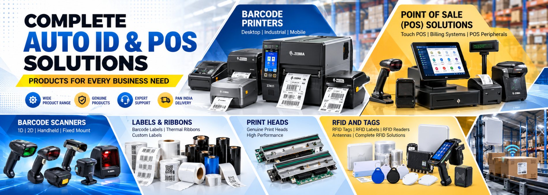 Complete auto ID and POS solutions - printers, scanners, labels, print heads, RFID
